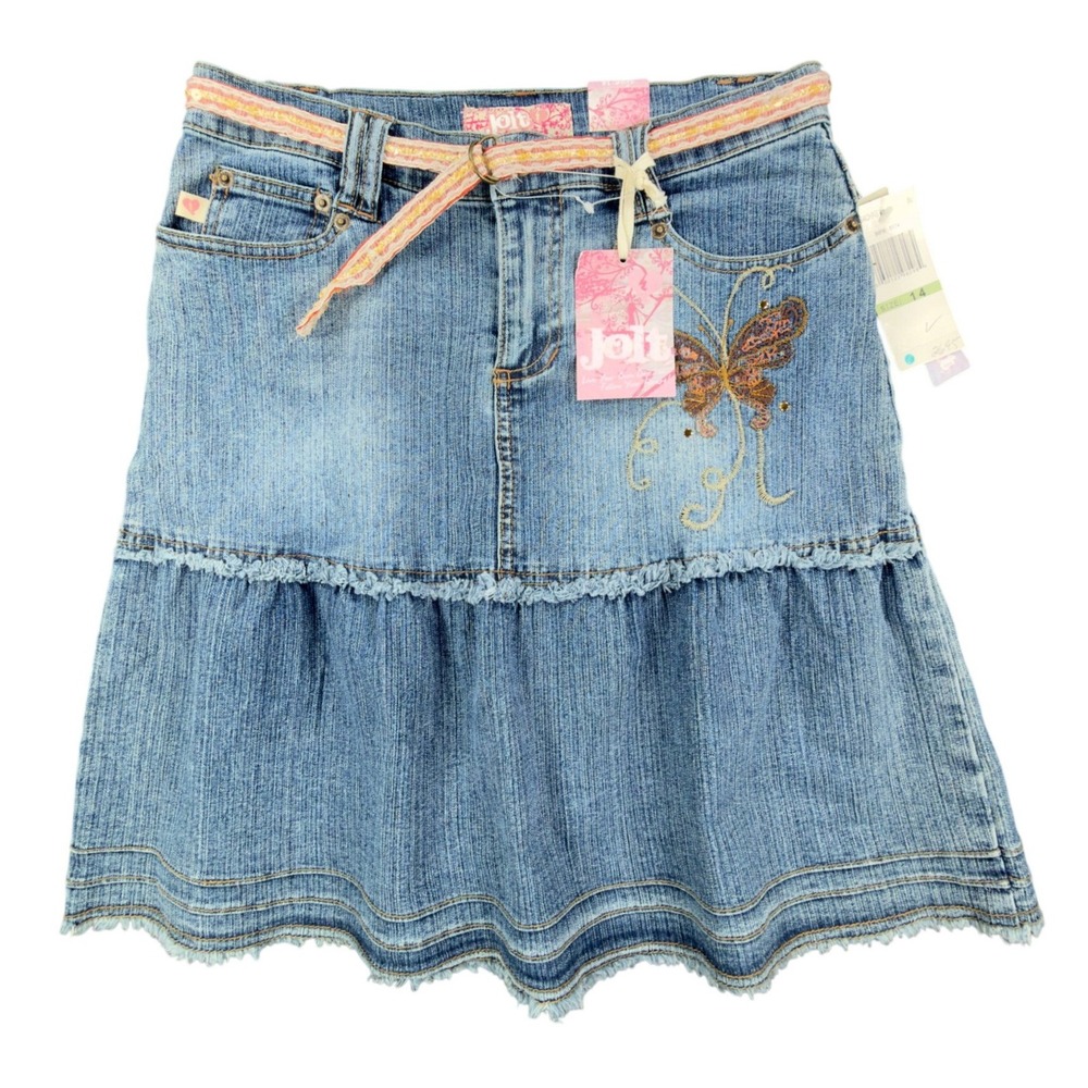 Jolt Y2K Butterfly Denim Skirt Girls 14 Blue Tiered Ruffle NWT